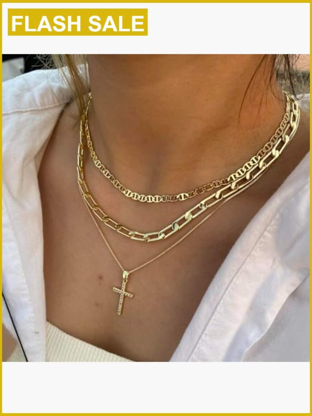 Stackable Layered Cross Necklace Set Dainty Gold Pendant CZ Jewelry Gift - Picture 4 of 7